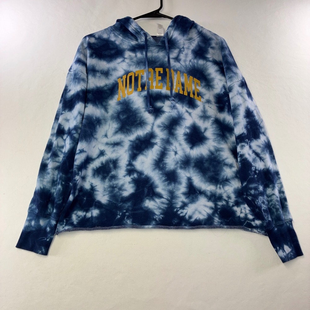 526 Collegiate Notre Dame Hoodie L Blue Tie Dye Cropped Raw Hem Pullover